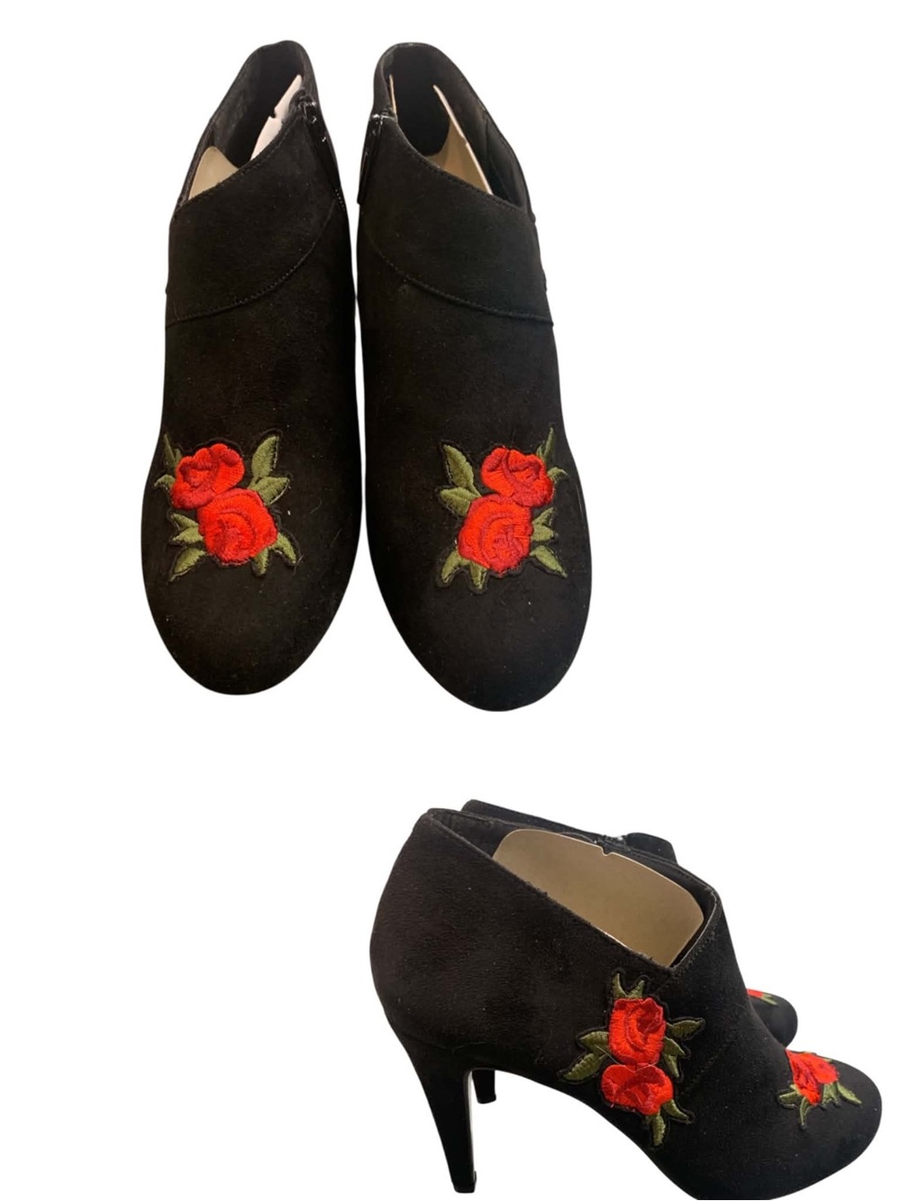 Impo Black Suede Ankle Booties with Red Rose Embroidery S8